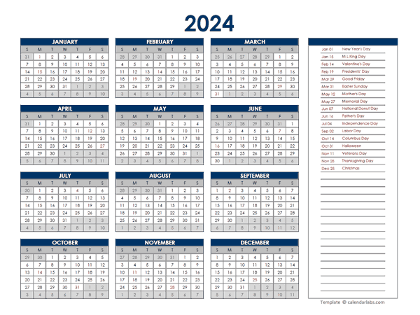 2024 Yearly PDF One Page Calendar - Free Printable Templates