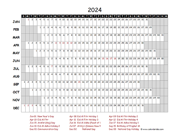 2024 Yearly Project Timeline Calendar UAE