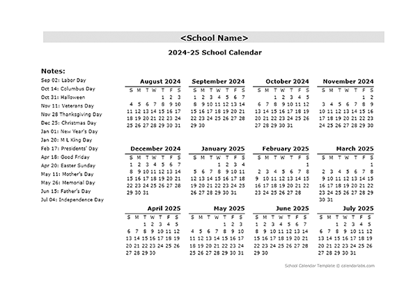 2024 Yearly School Aug-Jul Calendar With Holidays