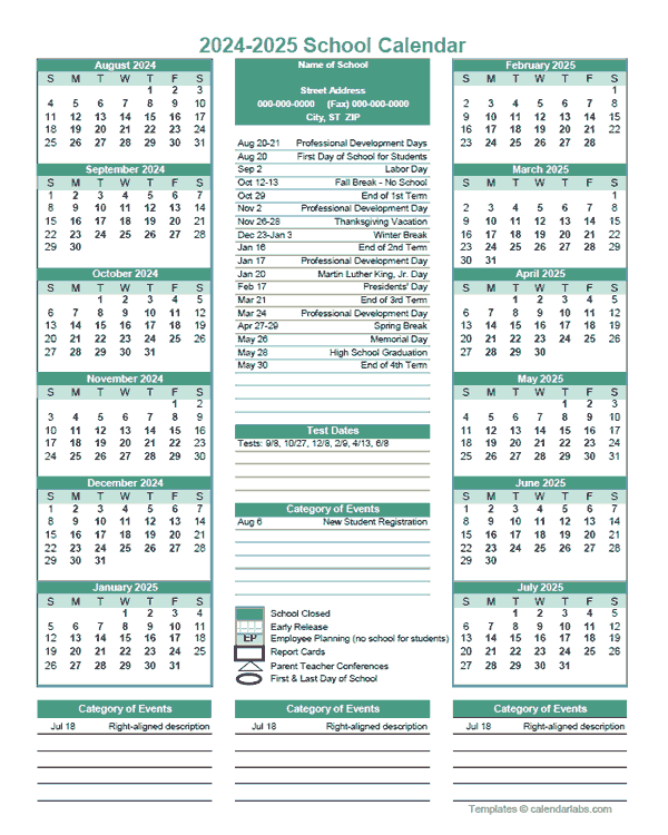 2024 Yearly School Calendar Template Editable Aug-Jul