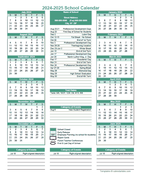 2024 Yearly School Calendar Template Editable Jul-Jun