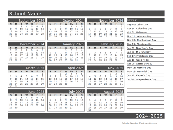 2024 Yearly School Horizontal Calendar Sep