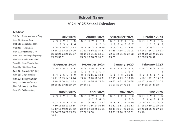 2024 Yearly School Jul-Jun Calendar With Holidays