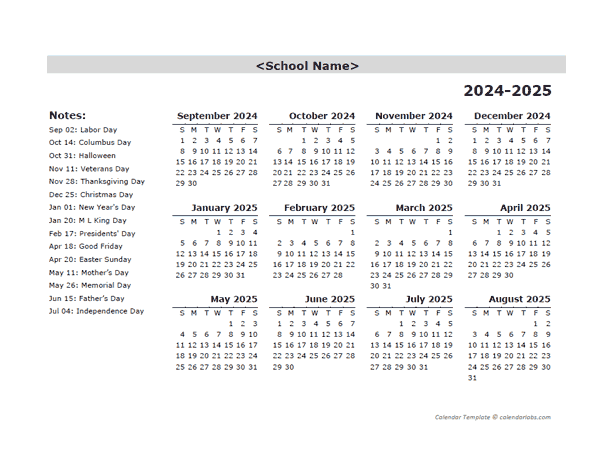 2024 Yearly School Sep-Aug Calendar With Holidays