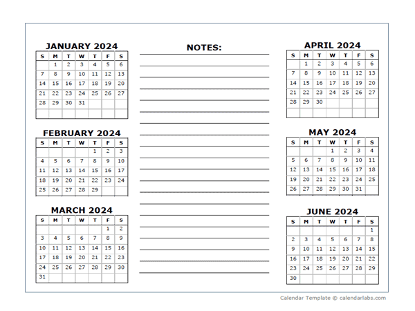6 Months Per Page Calendar Template 2024