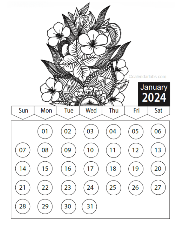 Free 2024 Floral Coloring Calendar