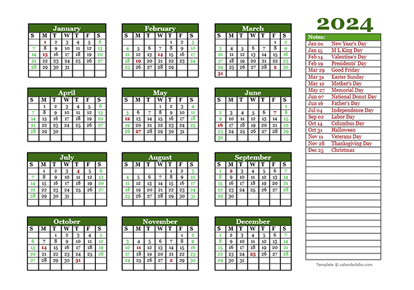Free Editable 2024 Yearly Word Calendar