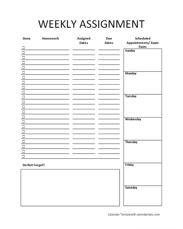 Free Weekly Assignment Planner