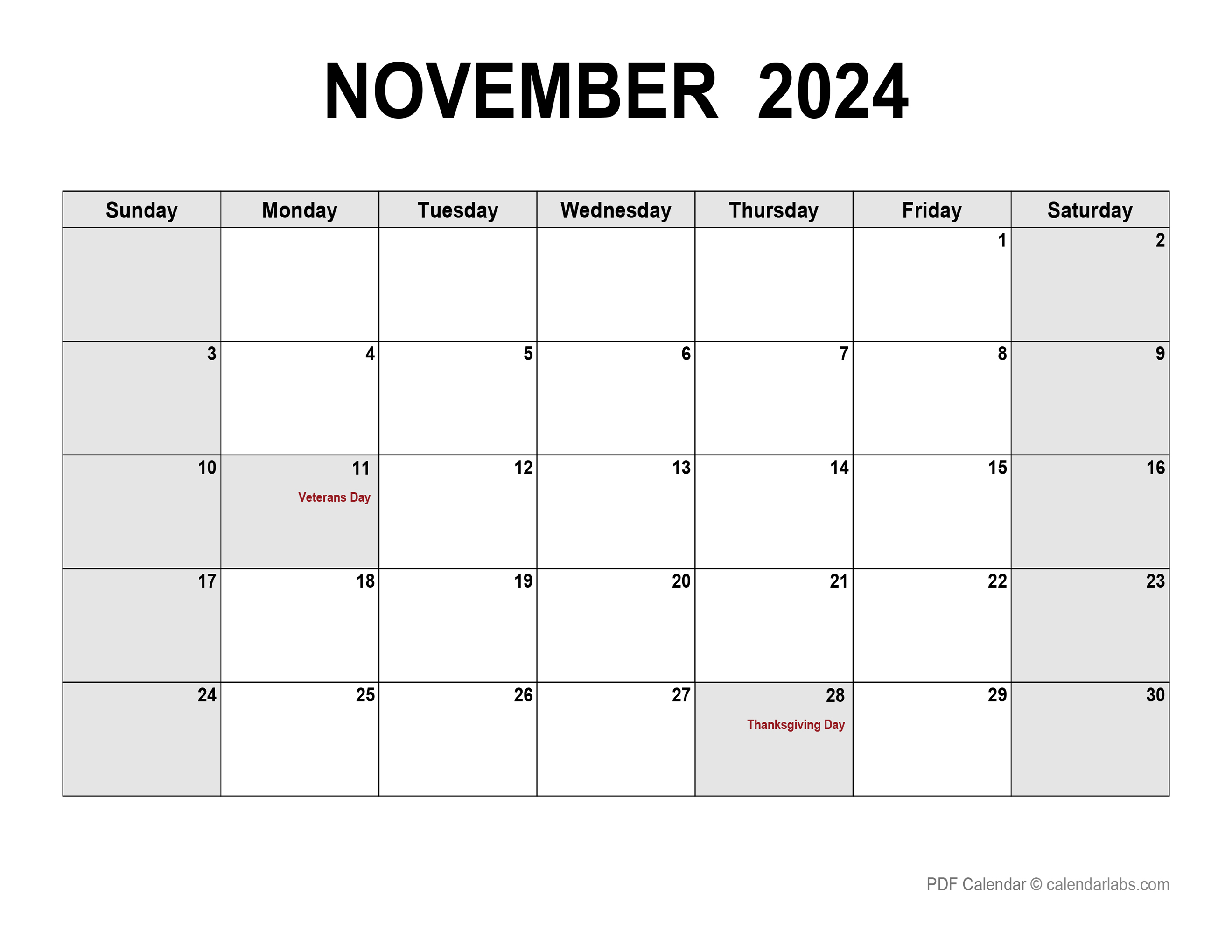 November 2024 Calendar with Holidays | CalendarLabs