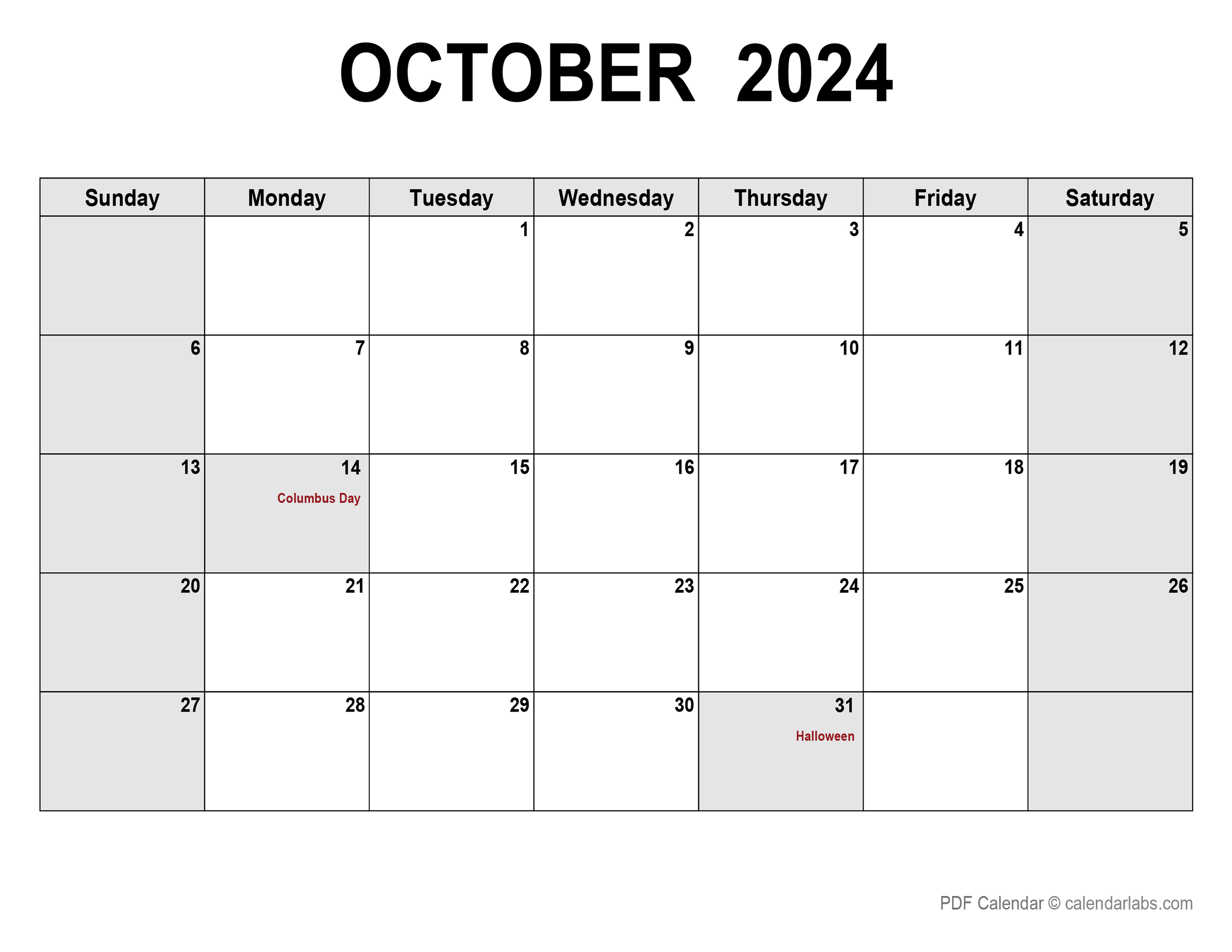 October 2024 Calendar with Holidays CalendarLabs