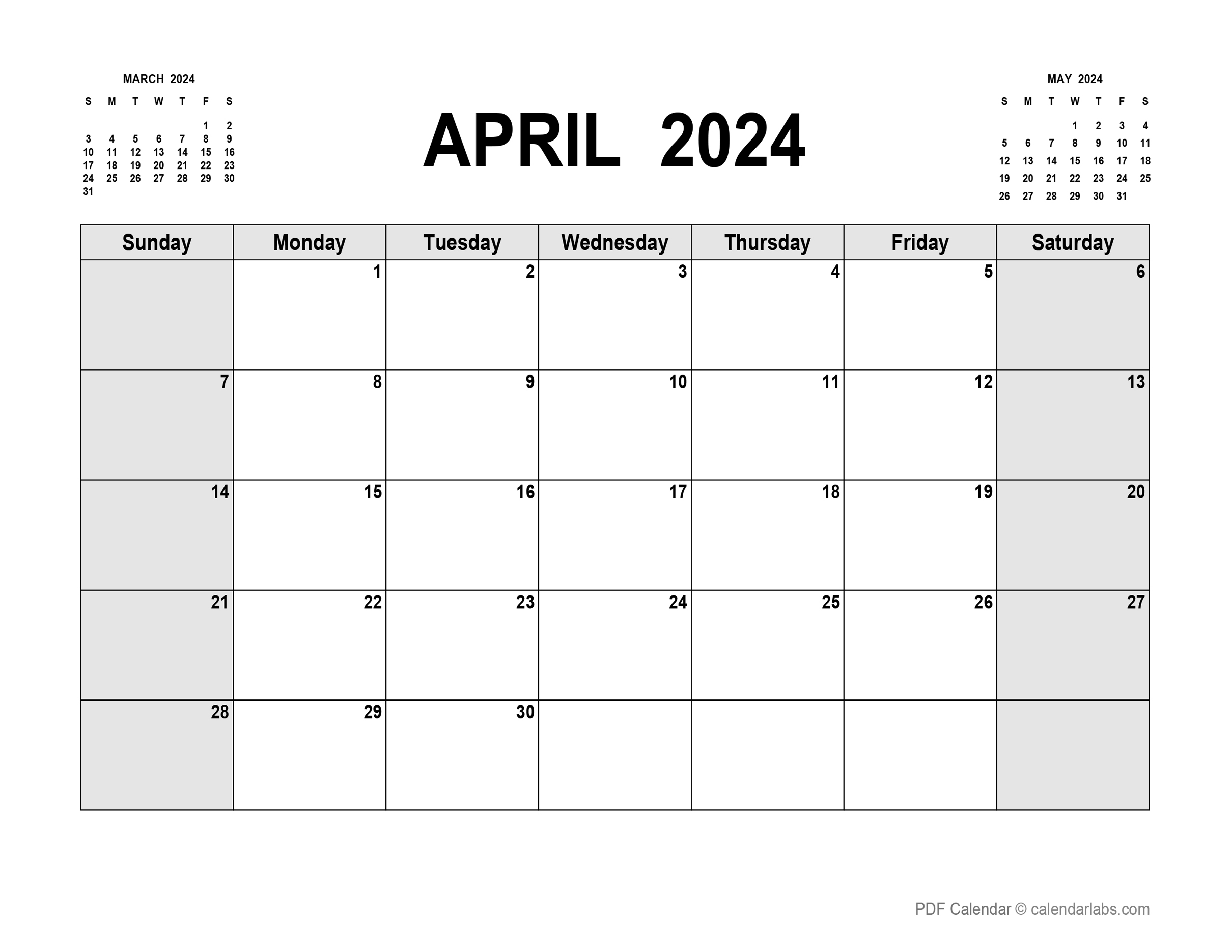 April 2024 Calendar Printable Landscape Pdf Honey Laurena