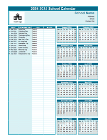 2024-2025 Aug-Jul Yearly School Calendar Template Excel