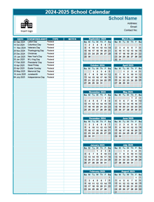 2024-2025 Sep-Aug Yearly School Calendar Template Excel