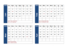 2024 Four Month Calendar Template