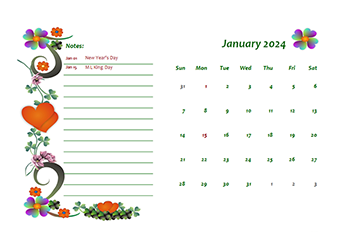 2024 Floral Monthly Kids Calendar Template