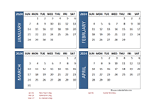 2024 Four Month Calendar with Singapore Holidays