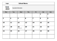 2024 Google Docs School Monthly Jun Mon Calendar