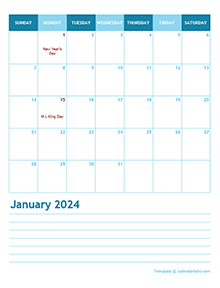 2024 Monthly Word Calendar Template Portrait