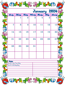 2024 Monthly Kid Kindergarten Calendar Template