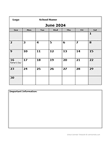 2024 Monthly School Jun-Sep Calendar