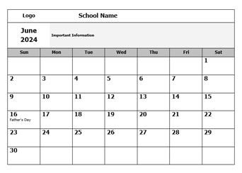 2024 School Monthly Jun-Sep Calendar
