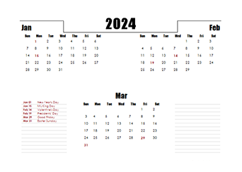 2024 Quarterly Three Month Calendar