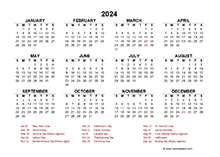 2024 Year at a Glance Calendar with Canada Holidays