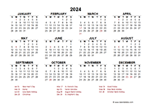 2024 Year at a Glance Calendar with Ireland Holidays