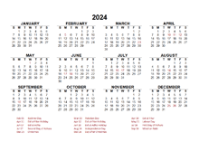 2024 Year at a Glance Calendar with Pakistan Holidays