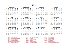 2024 Year at a Glance Calendar with Thailand Holidays