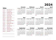 2024 Yearly Calendar Template With US Holidays