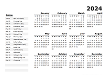 2024 Year Calendar Template with US Holidays