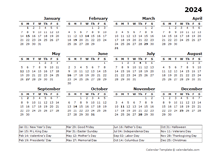 2024 Yearly Calendar Template With US Holidays