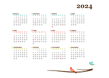 2024 Blank Yearly Calendar Bird Template