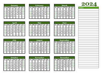 2024 Yearly Calendar With Blank Notes