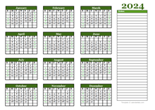 2024 Yearly Calendar With Blank Notes