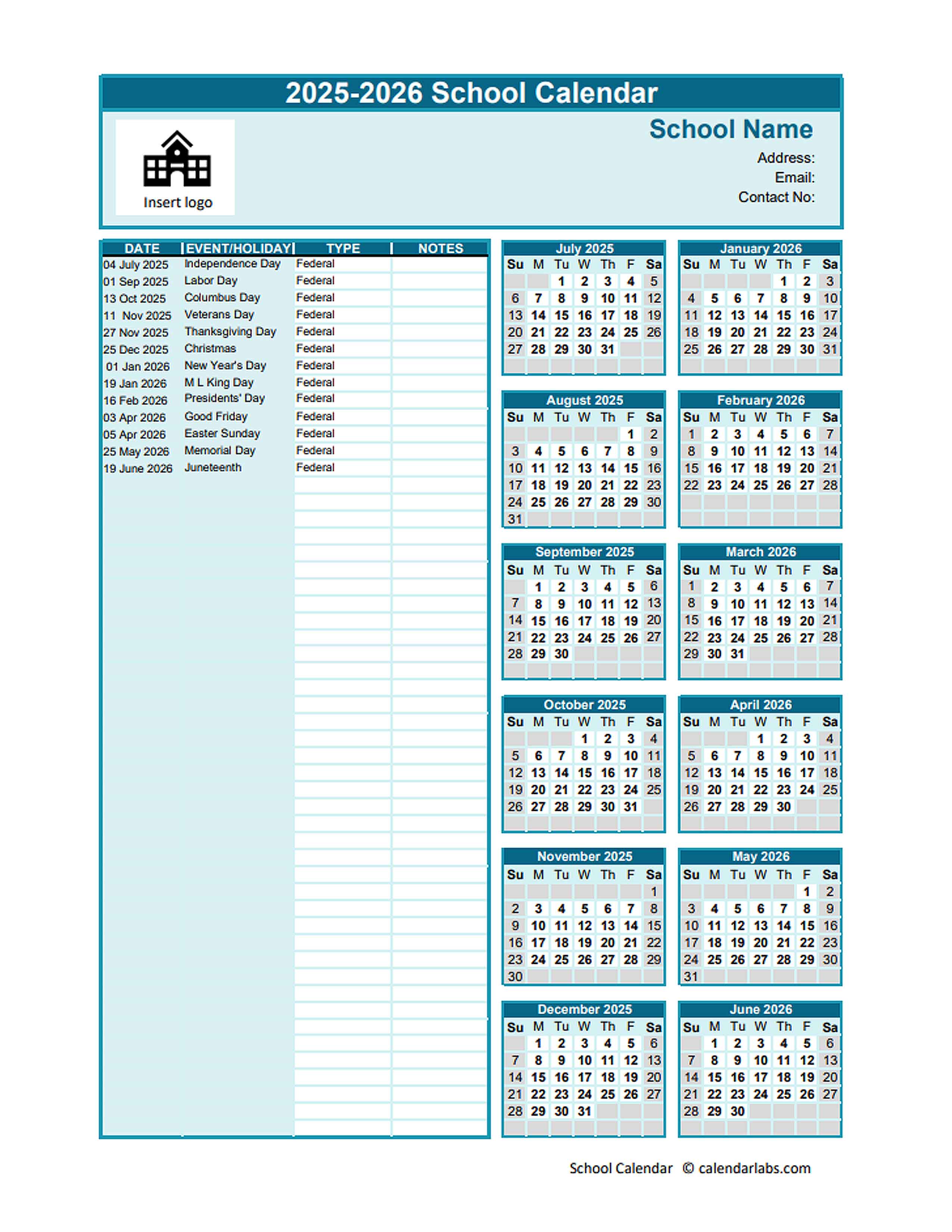 20252026 JulJun Yearly School Calendar Template Excel Free