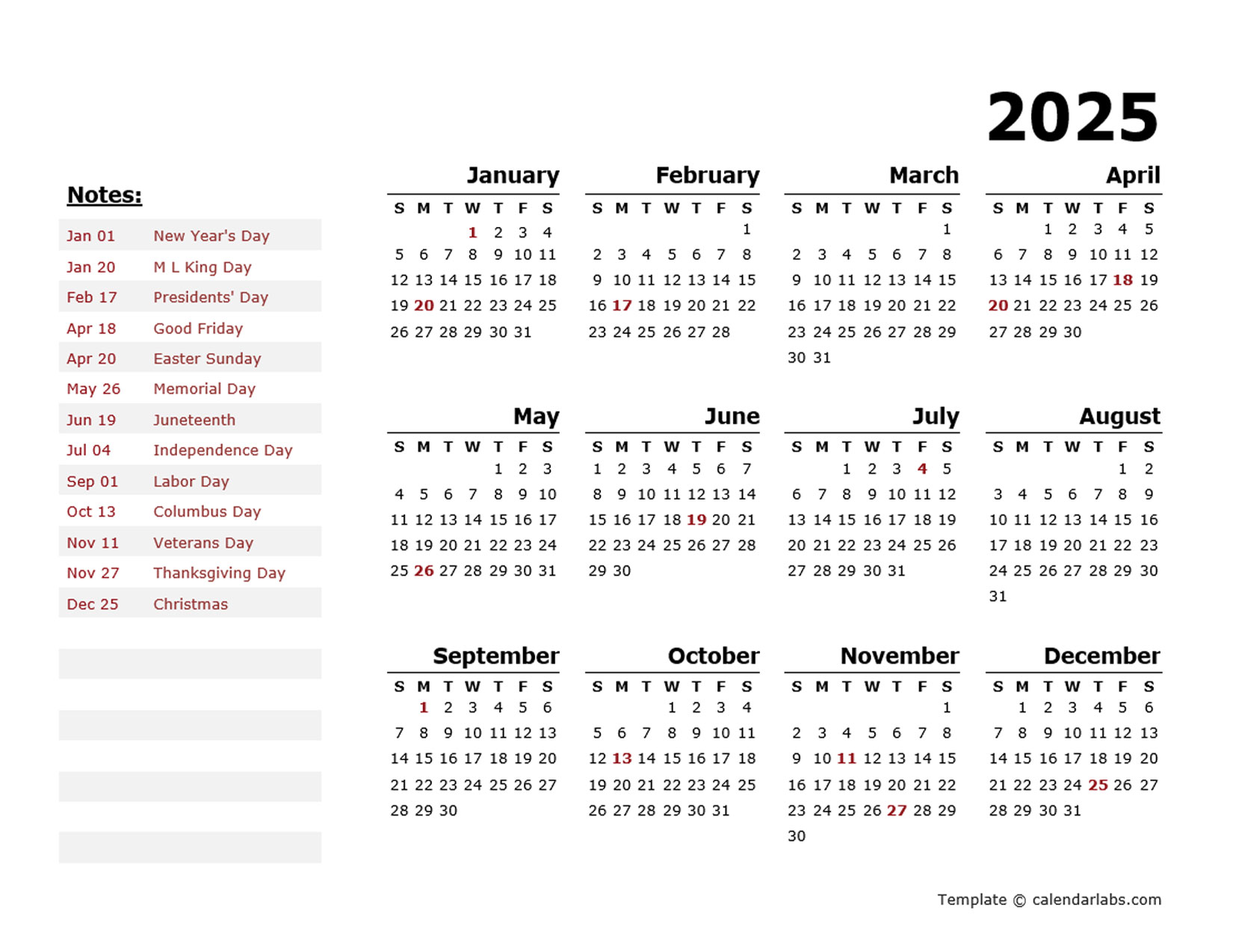 2025 Year Calendar Word Template With Holidays Free Printable Templates