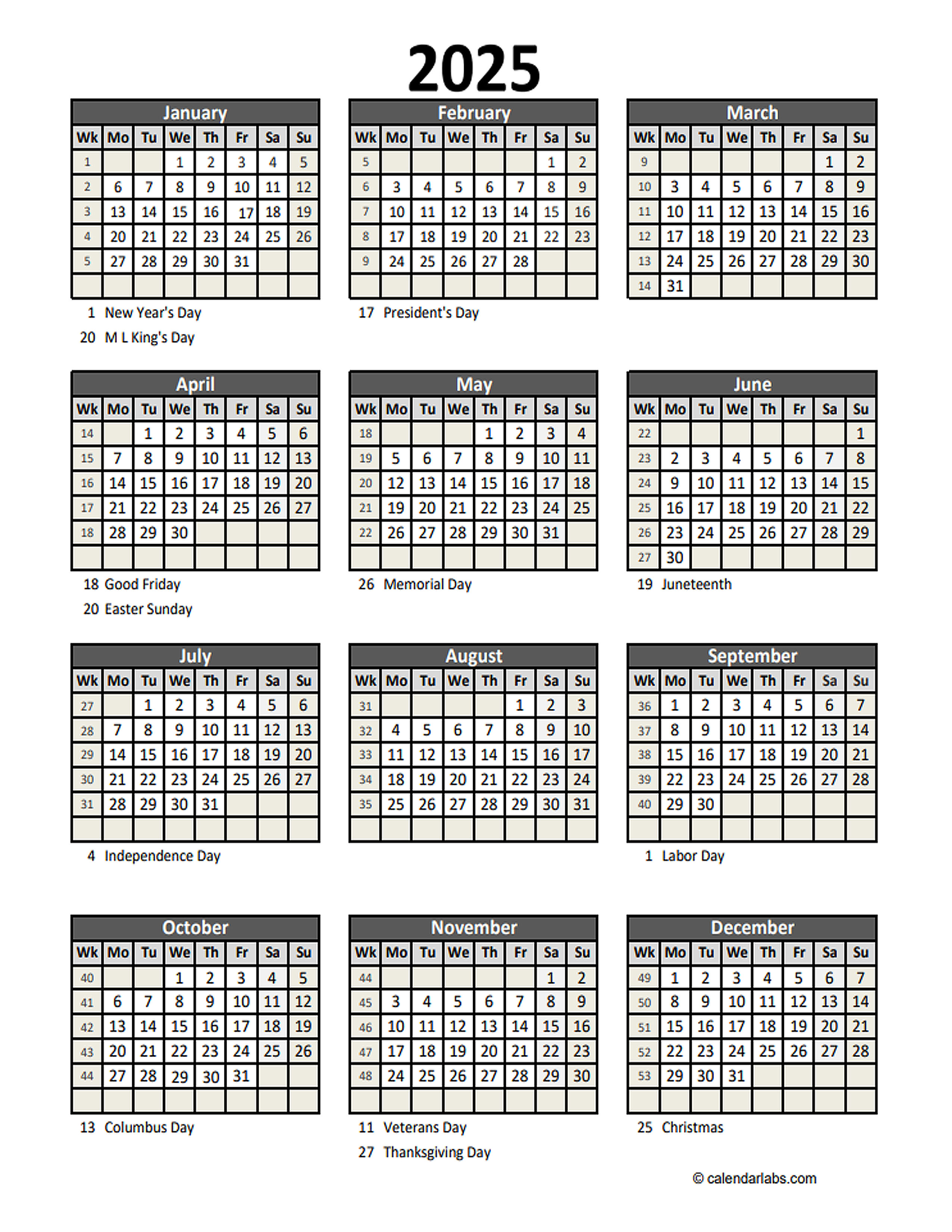 Editable 2025 Yearly Spreadsheet Calendar Free Printable Templates