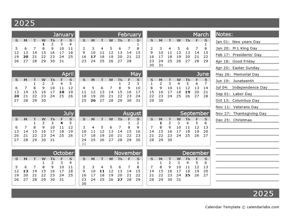 12 Month One Page Calendar Template For 2025