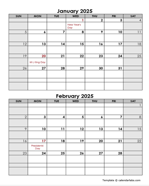 2025 2 Months Calendar Template