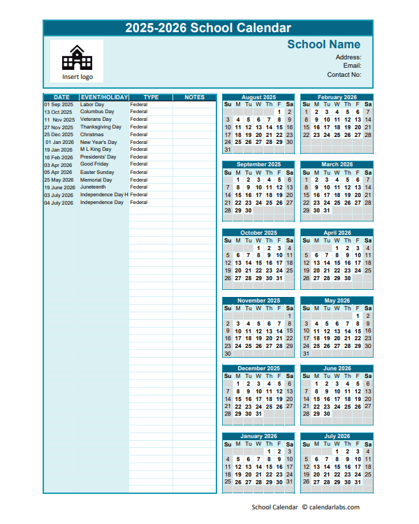 2025-2026 Aug-Jul Yearly School Calendar Template Excel