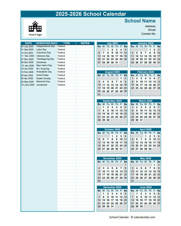 2025-2026 Jul-Jun Yearly School Calendar Template Excel