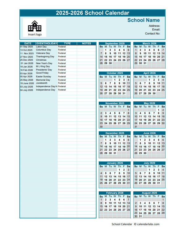 2025-2026 Sep-Aug Yearly School Calendar Template Excel