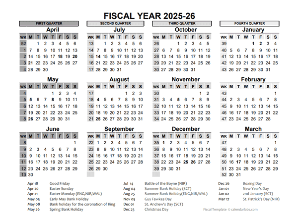 2025-26 Fiscal Year Calendar UK Template