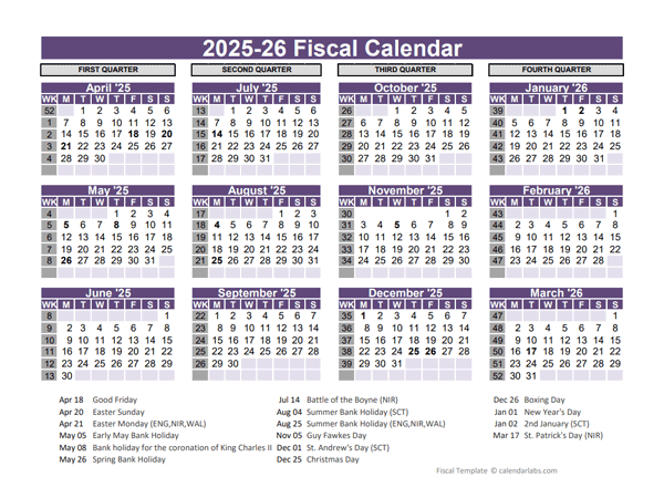 UK Fiscal Calendar Template 2025-2026