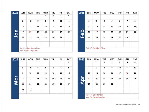 2025 Four Month Calendar Template