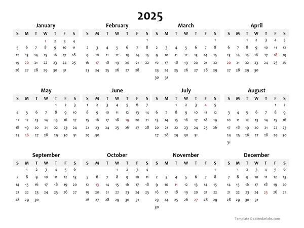 2025 Annual Blank Word Calendar Template