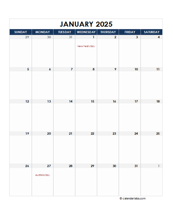 2025 Australia Calendar Spreadsheet Template