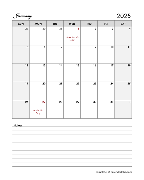 2025 Australia Calendar Template Large Boxes